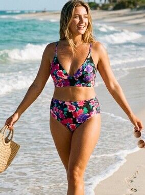 Time & Tru Women's Longline Swim Top and  CT Side Ruch Mid Rise swim bot…
